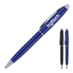 A blue and silver ballpoint pen with a branding logo, accompanied by a black pen of the same style.