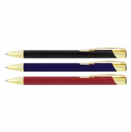 Three ballpoint pens with matte finishes in black, blue, and red, each featuring gold trim and a logo.