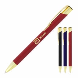 A ballpoint pen with a matte red finish and gold trim, alongside black and blue versions. The pen features a logo.