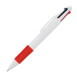 A ballpoint pen in white with a red grip and click mechanism, featuring a clip and branding.