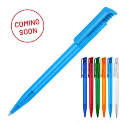 A blue ballpoint pen with a transparent barrel, featuring assorted colours in the background and a logo.
