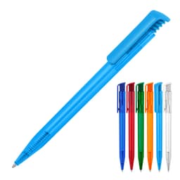 A blue transparent ballpoint pen with a matching clip, alongside pens in red, green, orange, black, and clear.