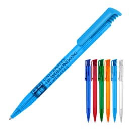 A blue plastic ballpoint pen with a transparent barrel, accompanied by pens in red, green, orange, purple, and clear.