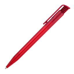A transparent red ballpoint pen with a clip and smooth design, featuring a simple logo.