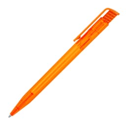 An orange transparent ballpoint pen with a clip and textured grip, featuring a visible ink cartridge.