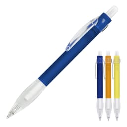 A ballpoint pen with a blue barrel, clear accents, and variations in yellow, orange, and white. Features a logo.
