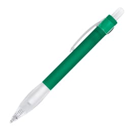 A green ballpoint pen with a transparent grip and clip. The pen has a sleek design and features one logo.