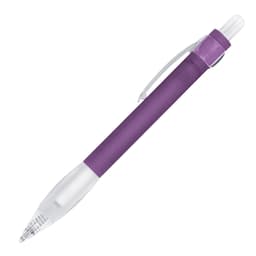 A ballpoint pen in purple with a silver tip and transparent plastic details. It features a logo on the barrel.