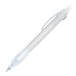 A plastic ballpoint pen in white with a clear cap and details, featuring a logo.