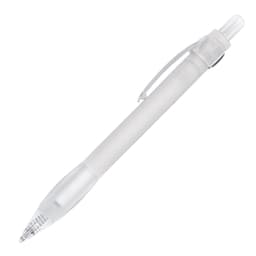 A ballpoint pen in a transparent and silver design, featuring a clip and a clear cap.
