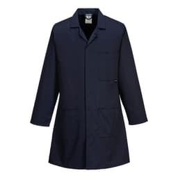 A navy blue coat with a collar, long sleeves, and multiple front pockets. It features a branding logo.