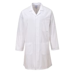 A white coat with long sleeves and two front pockets, featuring a branding label on the collar.