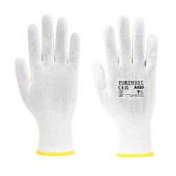A pair of white gloves with a yellow cuff, featuring a logo and product details on one glove.