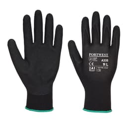 Black nitrile gloves with sandy texture, featuring a green cuff and branding.