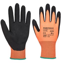 A pair of orange and black nitrile gloves with a textured grip and a branded logo.