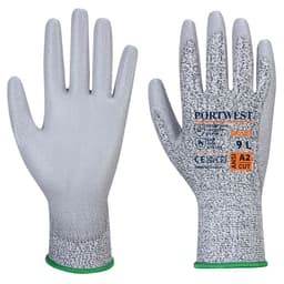 A pair of grey gloves with a textured surface and a green trim. The gloves are branded and feature a cut resistance rating.