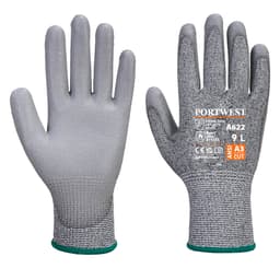 A pair of grey gloves with a textured finish, featuring a logo and an ANSI cut rating.