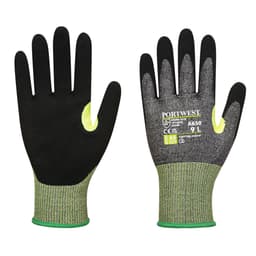 Nitrile foam gloves with a black and grey textured surface, green wrist cuffs, and a logo on the palm.