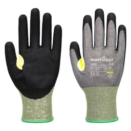 A pair of nitrile gloves featuring a black palm and grey fabric, with yellow accents and a logo.