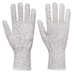 A pair of grey food glove liners with a textured surface, designed to fit both hands.