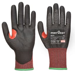 A pair of black gloves with red accents and a textured grip, featuring a logo and safety information.