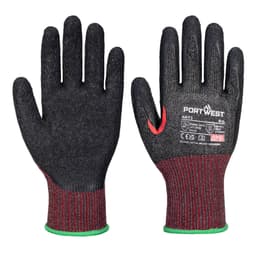 AHR13 F Dark Latex Cut Glove in black with a red and green knitted wrist cuff and a branding logo.