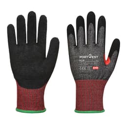Dark nitrile cut gloves with a textured black palm and a red knitted wrist, featuring a logo on one glove.