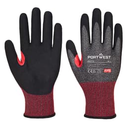 A pair of black and red nitrile gloves with a textured grip and a logo. Ideal for various tasks.