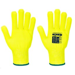 Bright yellow gloves with a textured surface and a green trim, featuring a logo on the wrist area.