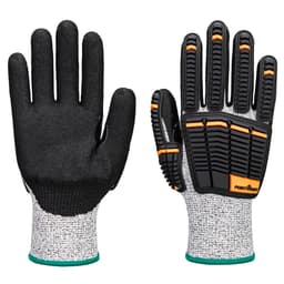 A pair of black and grey nitrile foam gloves with orange accents and textured grips. They feature a logo on the wrist.