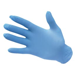 A blue nitrile disposable glove laid flat, featuring a smooth texture and finger contours.
