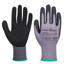 A pair of grey and black work gloves with a rubber grip and a green cuff, featuring branding on the palm.