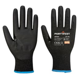 Two black nitrile foam gloves with a textured grip, featuring a blue trim at the wrist and a logo on one glove.