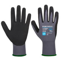 A pair of Dermiflex Aqua Gloves featuring a grey and black design with a green wrist cuff.