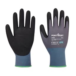 Nitrile foam gloves in black and grey, featuring a snug fit and a logo on the wrist.