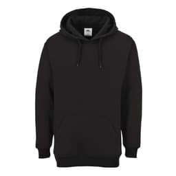 A black hoodie featuring a front pocket and a drawstring hood, with an interior tag and branding.