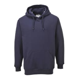 A navy blue hoodie featuring a front pocket and drawstring hood, with a discreet logo on the design.