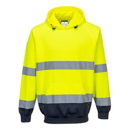 Hi-Vis two-tone hooded sweater in bright yellow with grey reflective stripes and navy blue accents. Features a logo.