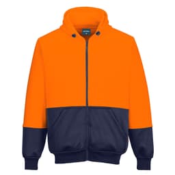 A two-tone zip hoodie featuring an orange upper and navy blue lower, with a logo present on the garment.
