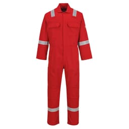 A red coverall with reflective stripes, featuring two front pockets and long sleeves, suitable for work uniforms.