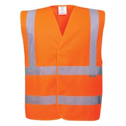 A bright orange safety vest with reflective silver stripes and a logo, designed for visibility in safety wear.