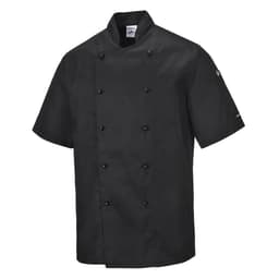 A black chef's jacket featuring short sleeves and double-breasted buttons, with a logo on the sleeve.