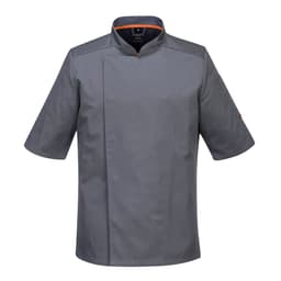 A short-sleeved grey chef jacket with an orange accent and a logo on the chest area.