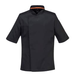 A black chef's jacket with short sleeves and an orange accent, featuring a modern design and a logo on the sleeve.