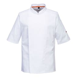 A white short-sleeve chef jacket with a stand-up collar and an orange accent, featuring a logo on one sleeve.
