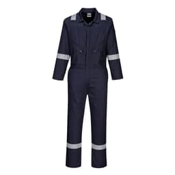 A navy blue coverall featuring reflective stripes, zippers, and two front pockets, with a logo on the chest.