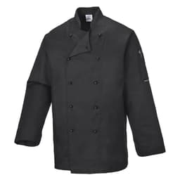 A black chef jacket with a double-breasted design and a zippered pocket on the sleeve. It features a logo.