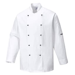 A white chef jacket with a double-breasted design and black buttons, featuring a logo on one sleeve.