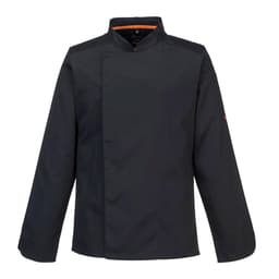 A long-sleeved jacket in black with a mandarin collar and a logo on the sleeve.
