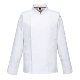 A white chef jacket with long sleeves and a stand-up collar, featuring a logo on one sleeve.